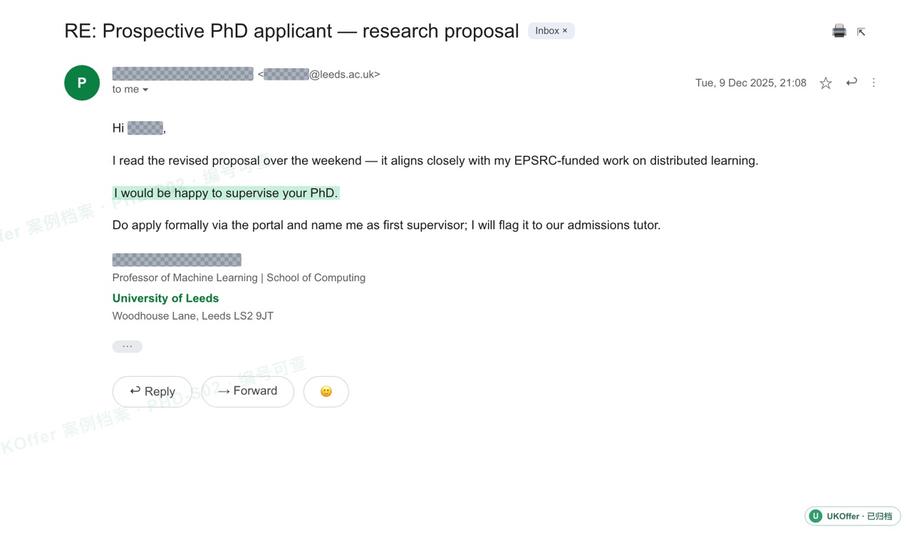 University of Leeds 导师回复邮件截图