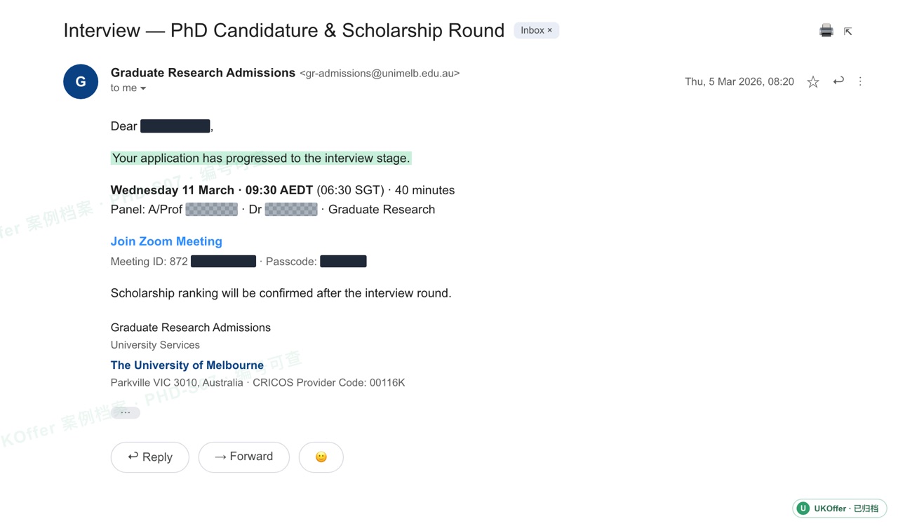 University of Melbourne 面试邀请截图
